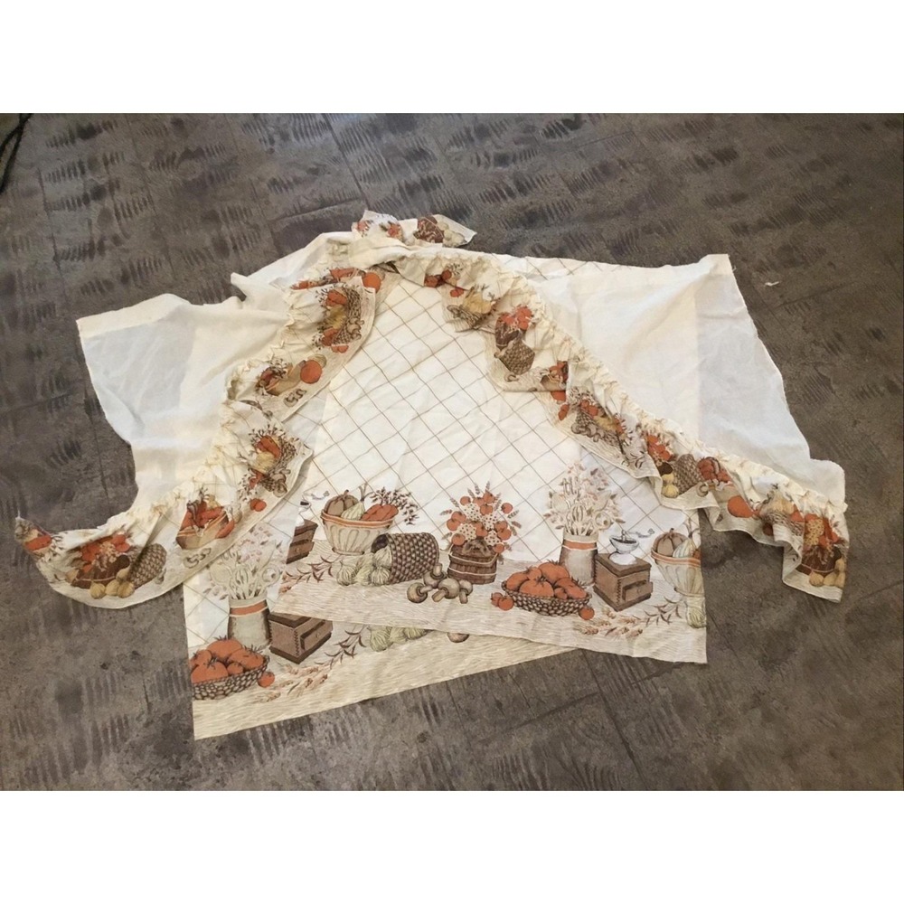 Vintage 1970s kitchen curtain set fourpieces mushrooms onion wheat Browns Orange